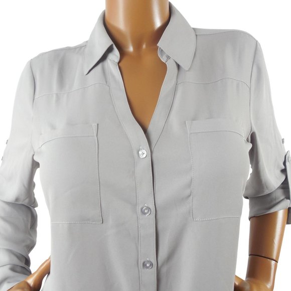 EXPRESS Top M Portofino Button Down Blouse Gray Mist Roll Tab Long Sleeves - Picture 3 of 10